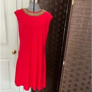Dressbarn sleeveless Red Dress with metallic gold color accents, Medium